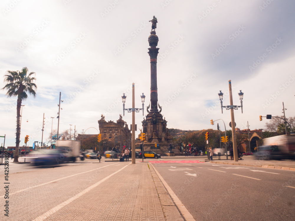 Columbus Statue in Barcelona with cars and motion blur