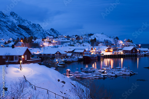 A small fishing village in night time, Lofoten Islands, Norway © vitaprague
