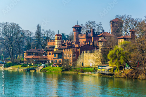 view of borgo medievale castle looking buidling in the italian city torino photo