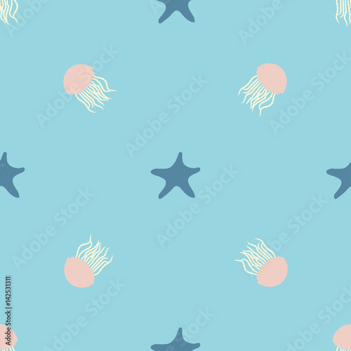 Underwater design of seamless pattern for wrapping, textile, print. Seastar and jellyfish colorful vector illustration elements.