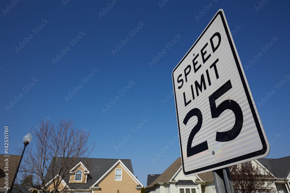 Fototapeta premium White rectangular road sign about 25 miles speed limit
