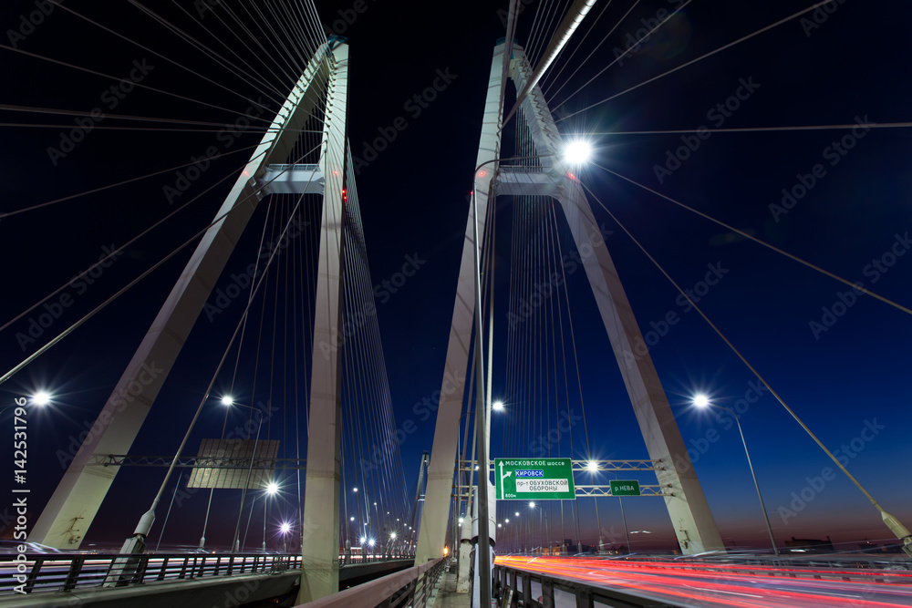 Saint-Petersburg. Russia. Cable-braced bridge at night Saint-Petersburg. Russia. Cable-braced bridge at night