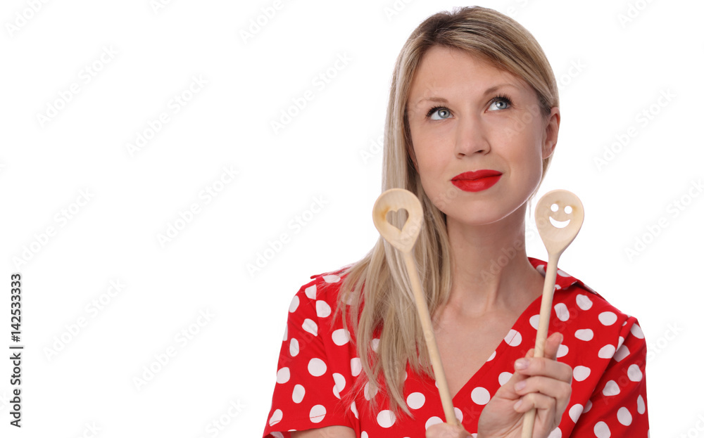 Cooking concept. Beautifull woman holding wooden spoon isolated on white background.
