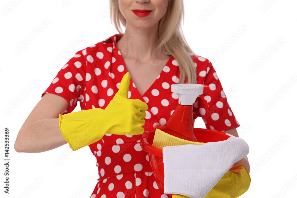 Happy smiling housewife holding cleaning tools and showing thumbs up isolated on white background. Cleaning service, housekeeping concept Happy smiling housewife holding cleaning tools and showing thumbs up isolated on white background. Cleaning service, housekeeping concept
