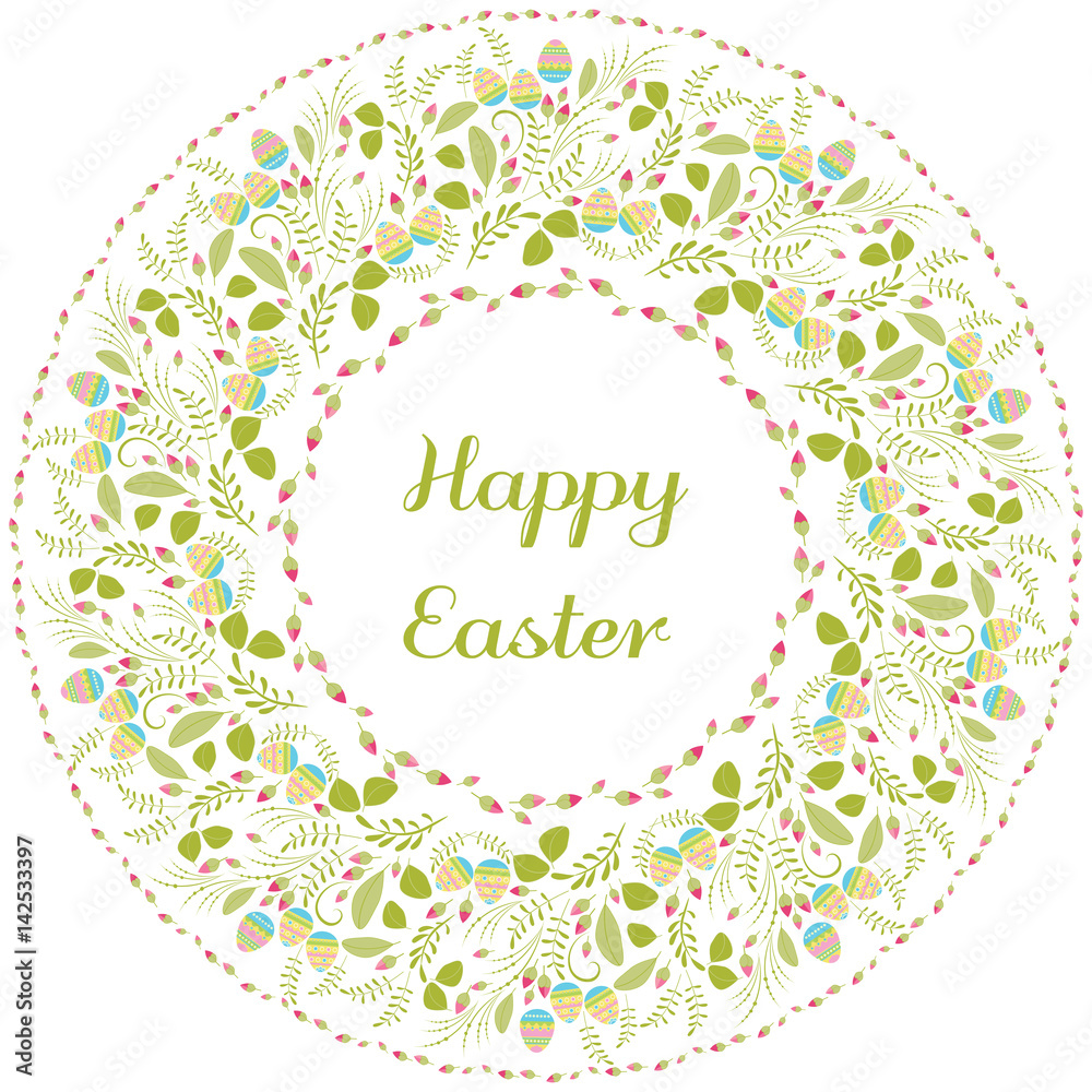 Happy Easter greeting card. Vector drawing, pink and red rose flower buds and leaves Happy Easter greeting card. Vector drawing, pink and red rose flower buds and leaves