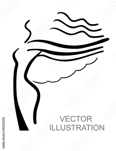 Vector silhouette of woman in dress with long hair. Logo design font for poster or banner, isolated illustration in black color on the white background