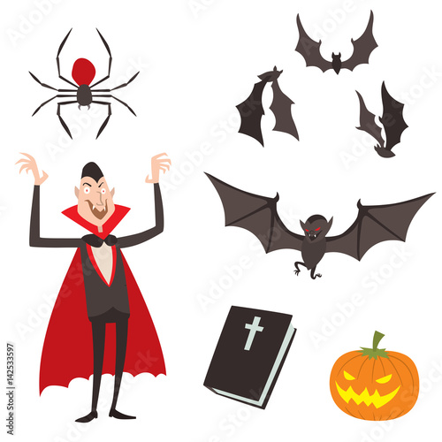 Cartoon dracula vector symbols vampire icons character funny man comic halloween and magic spell witchcraft ghost night devil tale illustration.