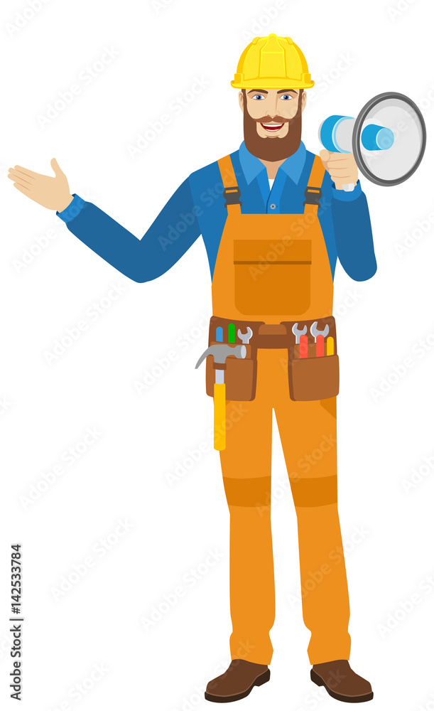 Welcome! Worker with loudspeaker shows something beside of him Welcome! Worker with loudspeaker shows something beside of him