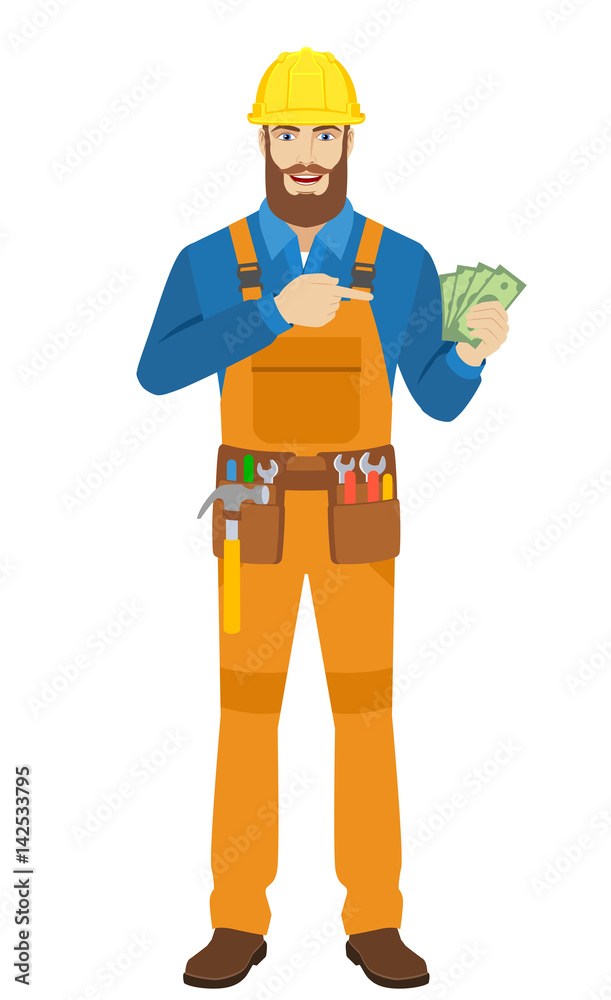 Worker pointing at money in his hand