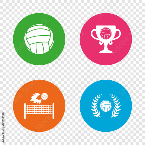 Volleyball and net icons. Winner award cup.