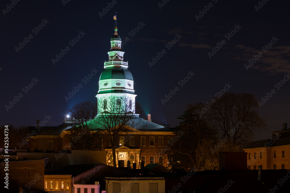 View of the dome of the Maryland State House at night, in Annapolis, Maryland.