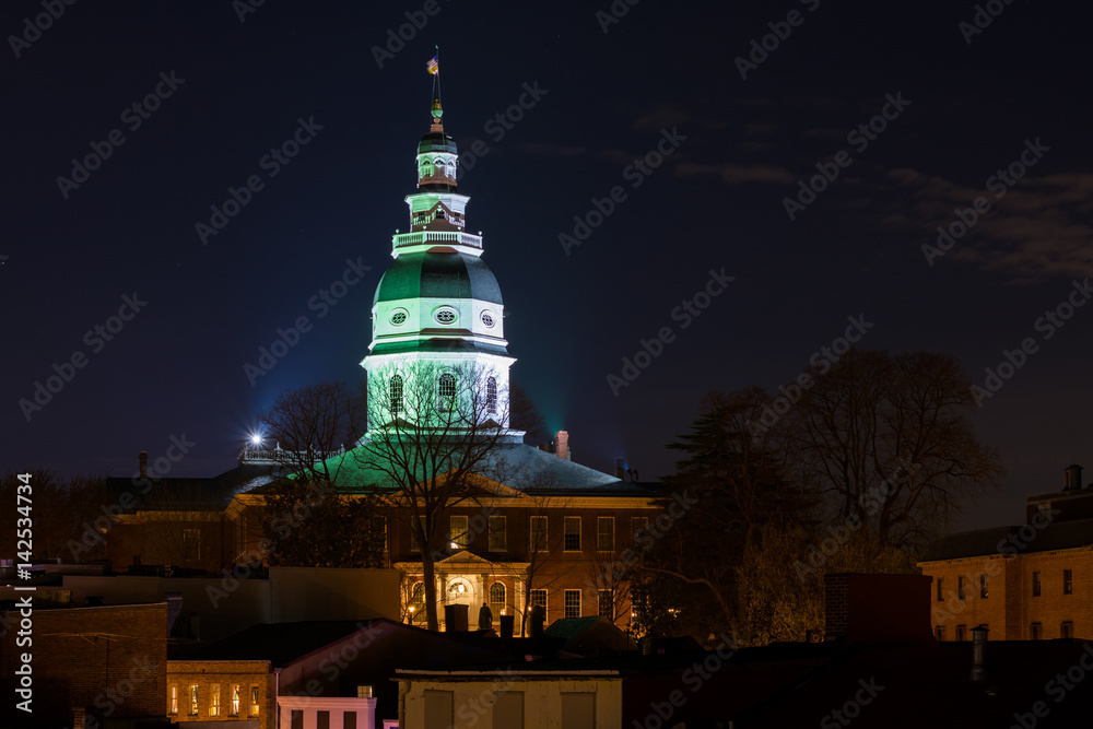 Fototapeta premium View of the dome of the Maryland State House at night, in Annapolis, Maryland.