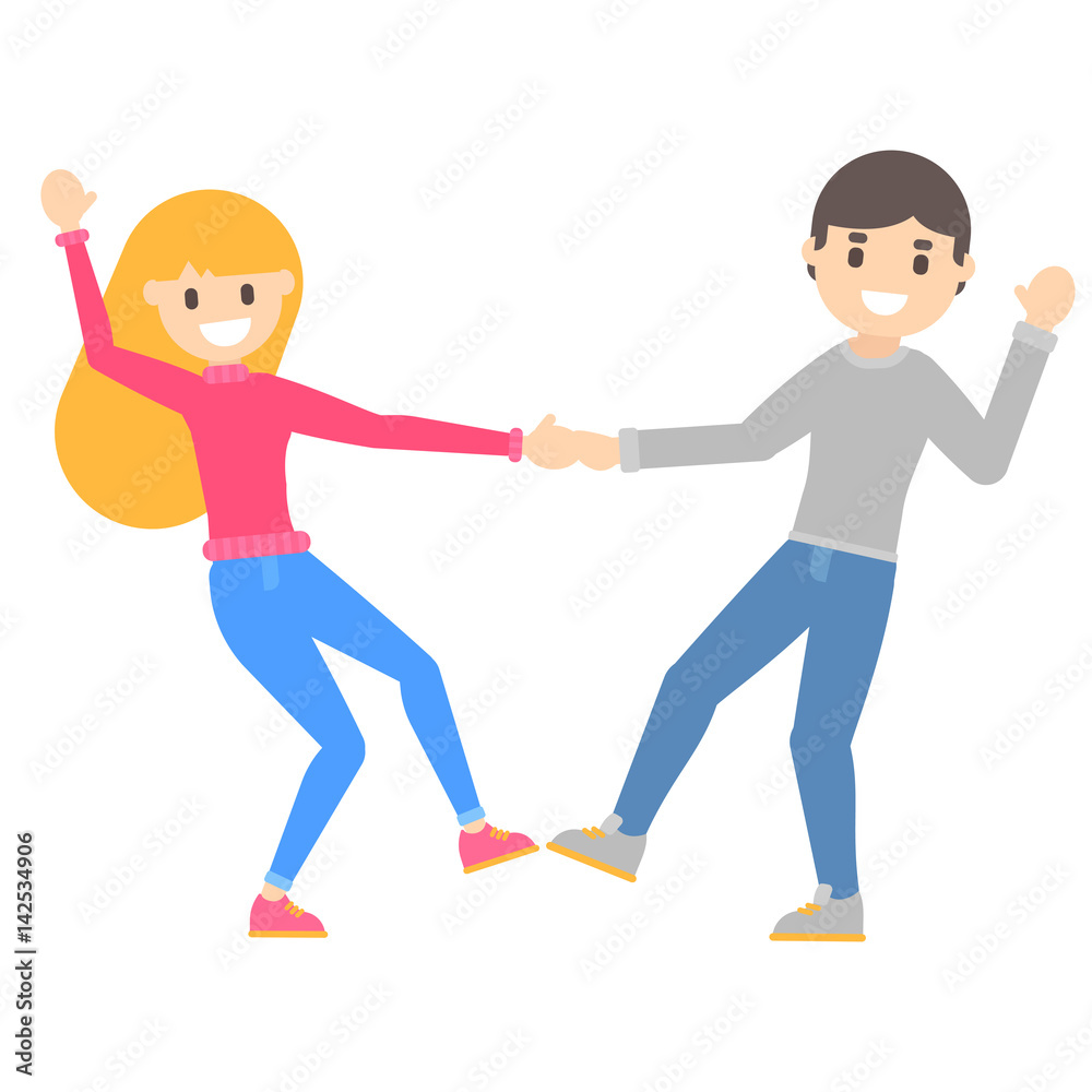 Vector flat cartoon happy young blonde girl and funny guy dance Vector flat cartoon happy young blonde girl and funny guy dance