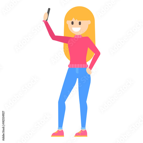 Vector flat cartoon happy young blonde girl makes a selfie