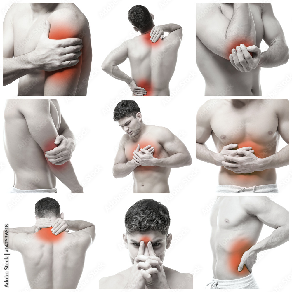 Collage of young man suffering from pain in different parts of body on  white background Stock Photo | Adobe Stock