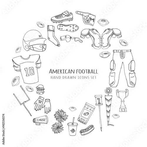 Hand drawn doodle american football set Vector illustration Sketchy sport related icons football elements, ball helmet jersey pants knee thigh shoulder pads cleats field cheerleading down indicator