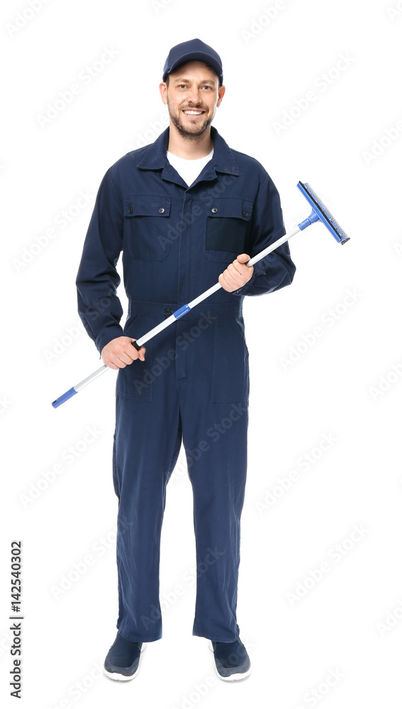 Young window cleaner on white background Young window cleaner on white background