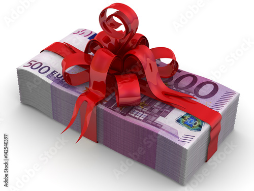 Money as a gift. A stack of of European currency bills tied with a red ribbon and bow. Isolated. 3D Illustration