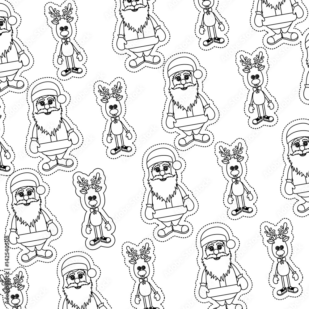 monochrome background with sticker pattern of santa claus and reindeer vector illustration