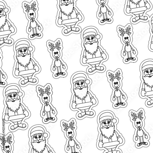 monochrome background with sticker pattern of santa claus and reindeer vector illustration