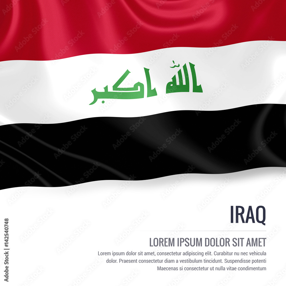 Naklejka premium Silky flag of Iraq waving on an isolated white background with the white text area for your advert message. 3D rendering.