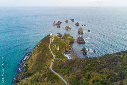 Aerial view of Nugget Point Lighthouse, Otago, New Zealand photo