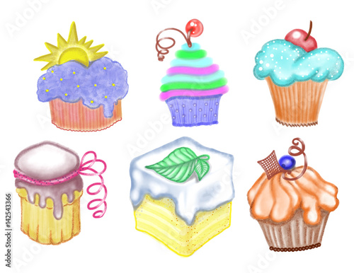 Hand drawn colorful cupcakes on the white background  isolated illustration  painted by pencil  high quality