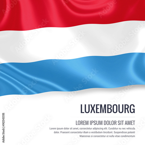 Silky flag of Luxembourg waving on an isolated white background with the white text area for your advert message. 3D rendering.