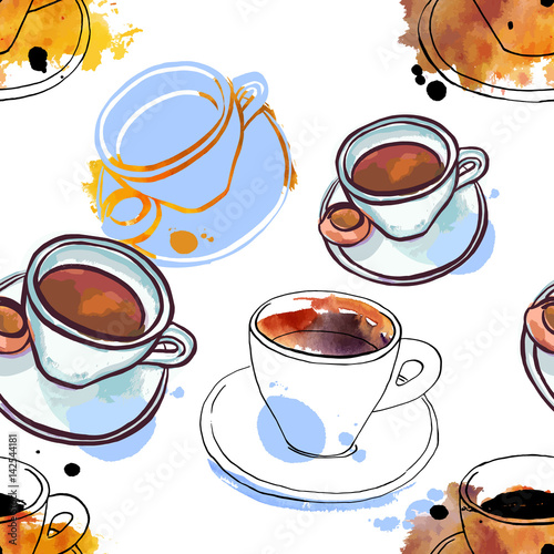 Seamless pattern of freehand watercolour coffee drawings