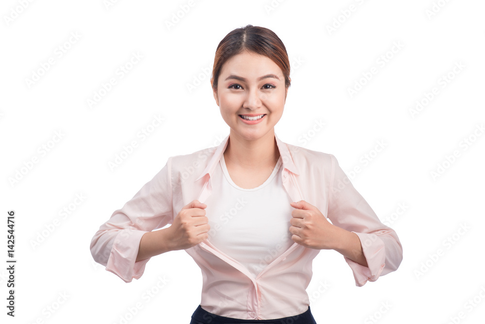 Young pretty asian woman opening her shirt like a superhero isolated on white. Young pretty asian woman opening her shirt like a superhero isolated on white.