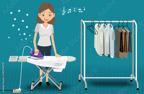 Ironing with a product for household. Holiday activities. The basic housework. Aroma of cloth clean