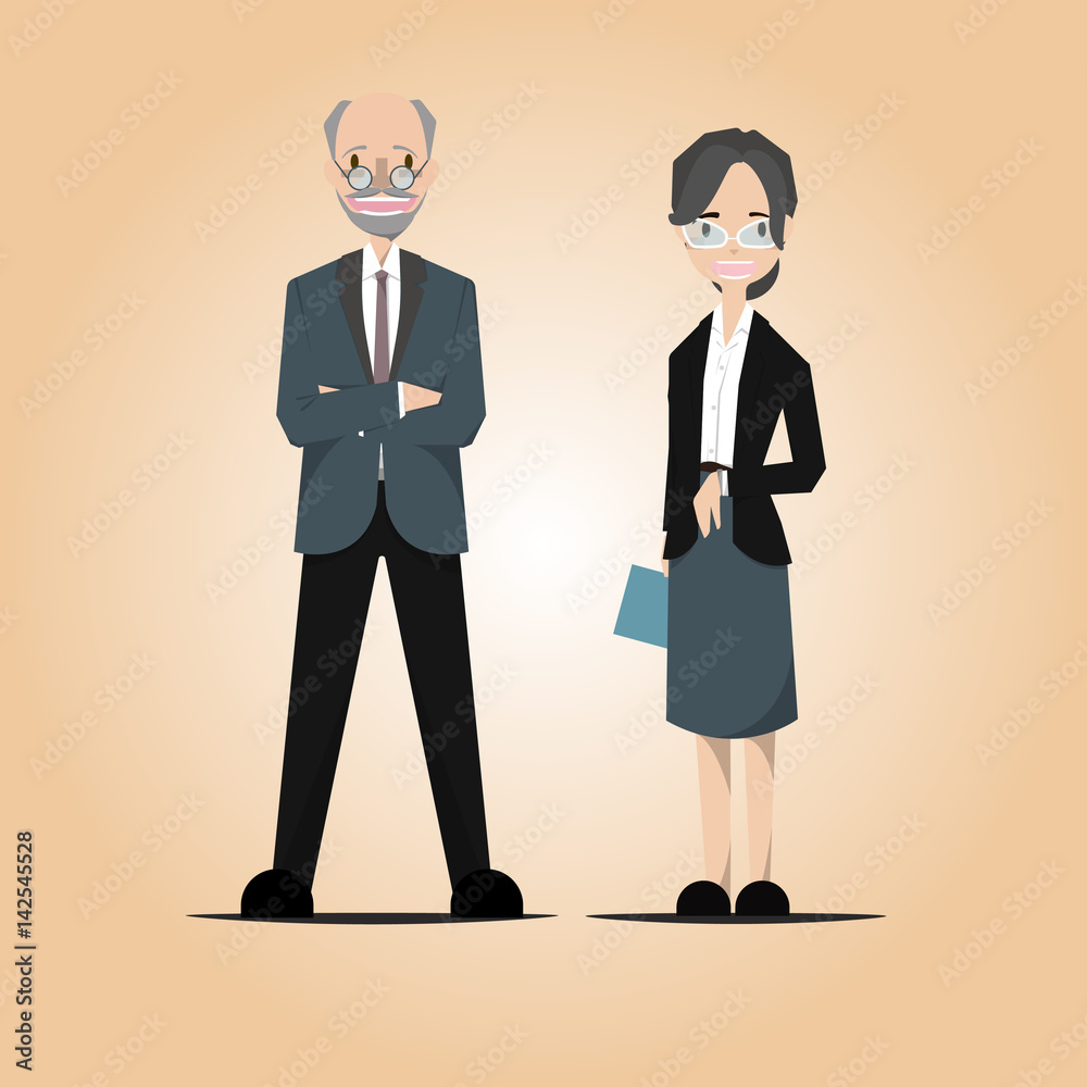 Old professor wore a polite suit standing with a female teacher. Teaching students on campus.Vector/Illustration Old professor wore a polite suit standing with a female teacher. Teaching students on campus.Vector/Illustration