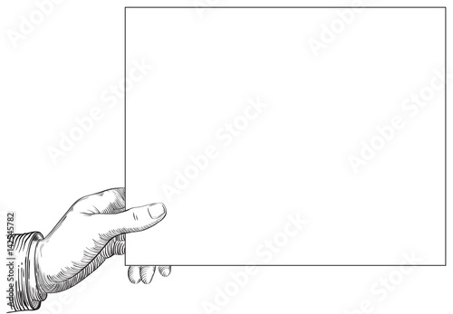 Human hand holding a page. Vector background at retro engraving style.