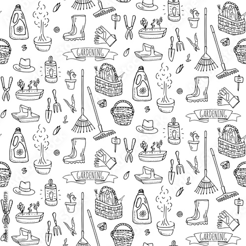 Seamless pattern with Hand drawn doodle set of Gardening icons. Vector illustration set. Cartoon Garden symbols. Sketchy elements collection: lawnmower, trimmer, spade, fork, rake Hoe Trug Wheelbarrow
