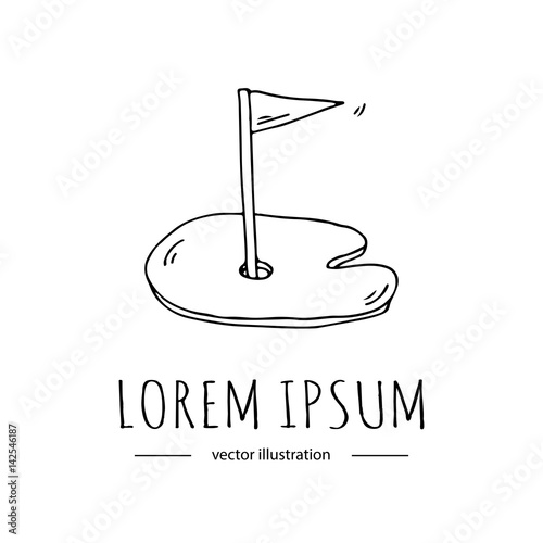 Hand drawn cartoon style doodle Golf hole with flag icon. Vector illustration. Game collection. Cartoon golfing sketch element: tee, putting green, course, flag, hole, grass.