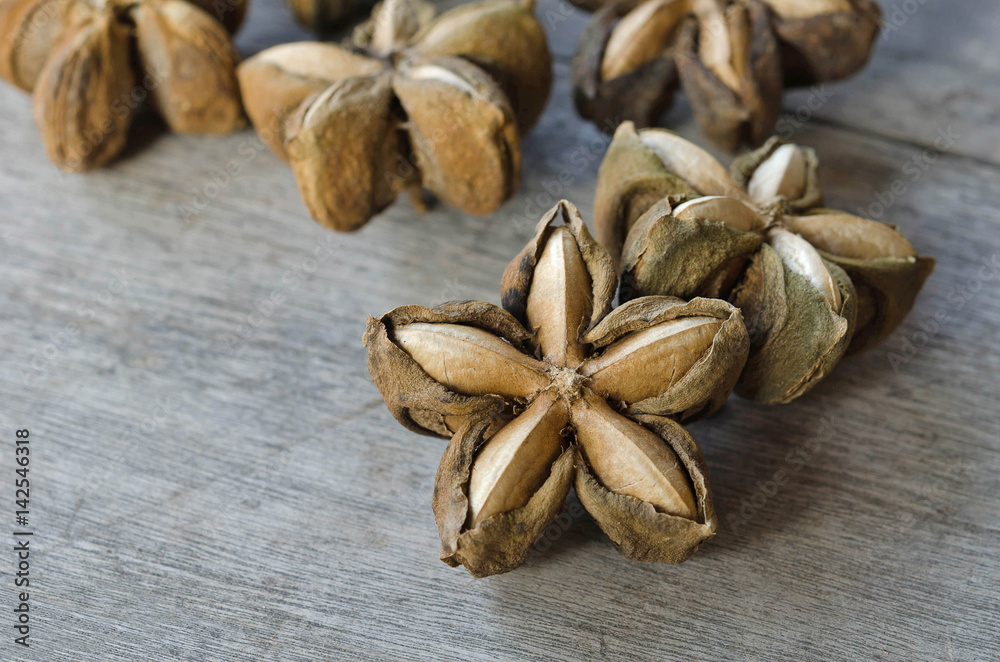 sacha inchi seed herbs use medicinaly omega three on wood background sacha inchi seed herbs use medicinaly omega three on wood background