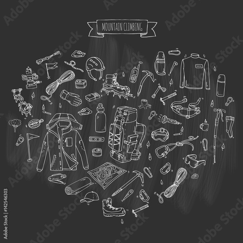 Hand drawn doodle Mountain Climbing icons set. Vector illustration. Mountaineering equipment collection. Cartoon sketch elements for trekking, hiking, tourism, expedition, camping, outdoor recreation.