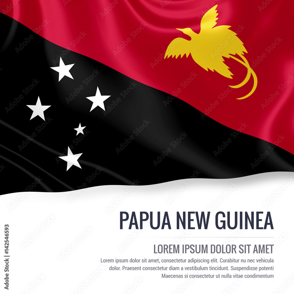 Silky flag of Papua New Guinea waving on an isolated white background with the white text area for your advert message. 3D rendering.