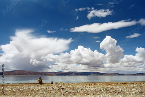 On the shore of Sacred Lake Rakshastal (4541 meters above sea level) in Western Tibet. photo