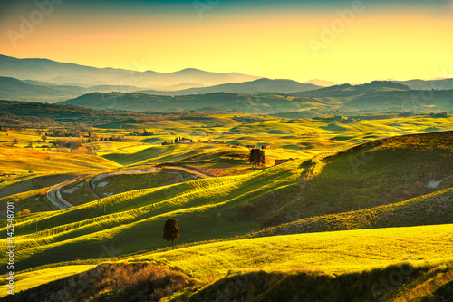 Volterra panorama, rolling hills, trees and green fields at sunset. Tuscany, Italy