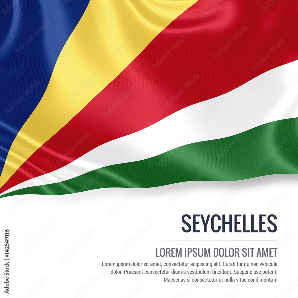 Silky flag of Seychelles waving on an isolated white background with the white text area for your advert message. 3D rendering. Silky flag of Seychelles waving on an isolated white background with the white text area for your advert message. 3D rendering.