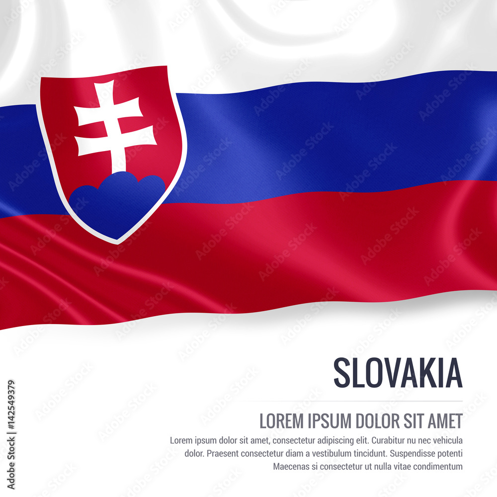 Silky flag of Slovakia waving on an isolated white background with the white text area for your advert message. 3D rendering.