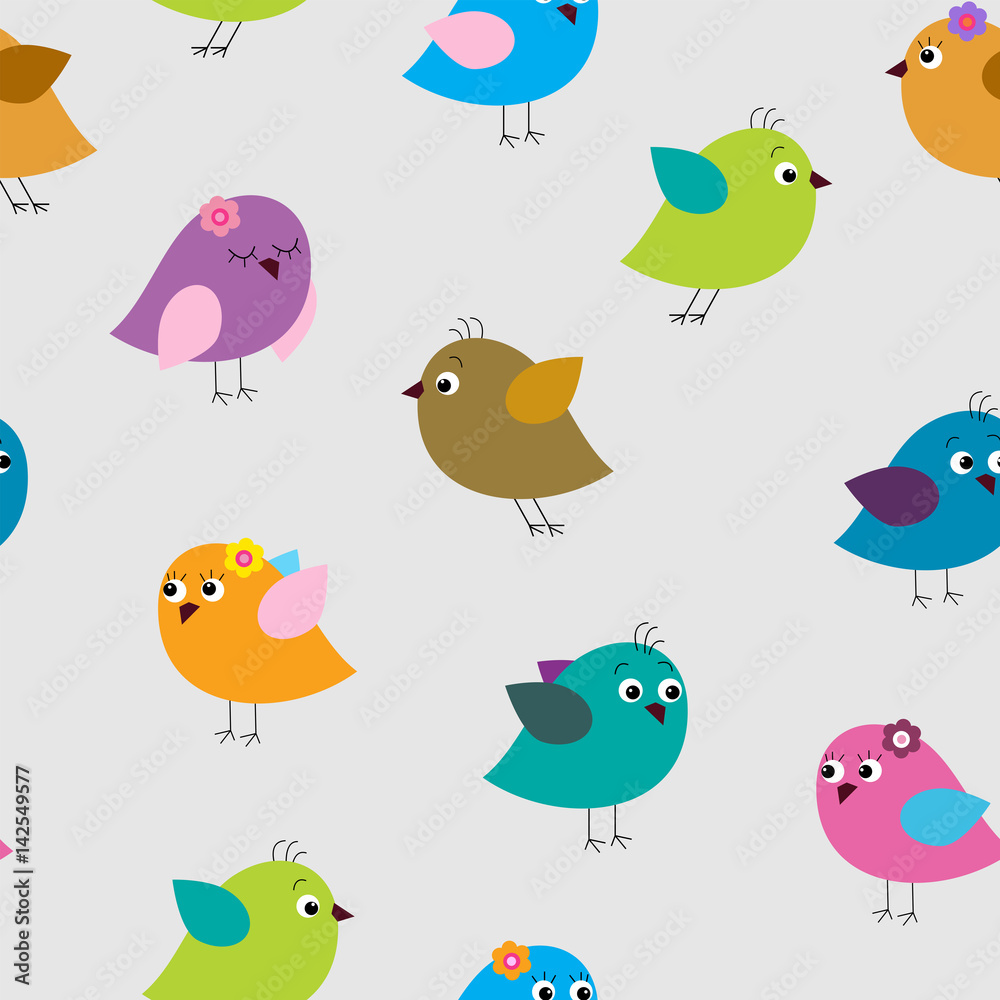 Cute seamless pattern with different colored birds