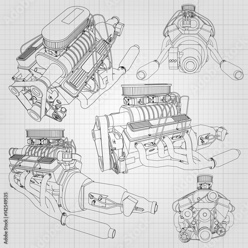 A set of several types of powerful car engine. The engine is drawn with black lines on a white sheet in a cage