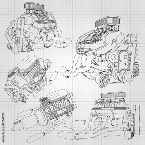 A set of several types of powerful car engine. The engine is drawn with black lines on a white sheet in a cage