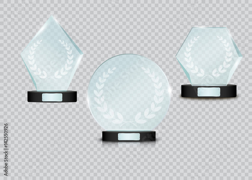 Set Of Glass Trophy Award. Vector illustration isolated on transparent background