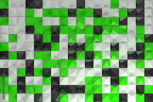 Pattern of black  white and green pyramid shapes