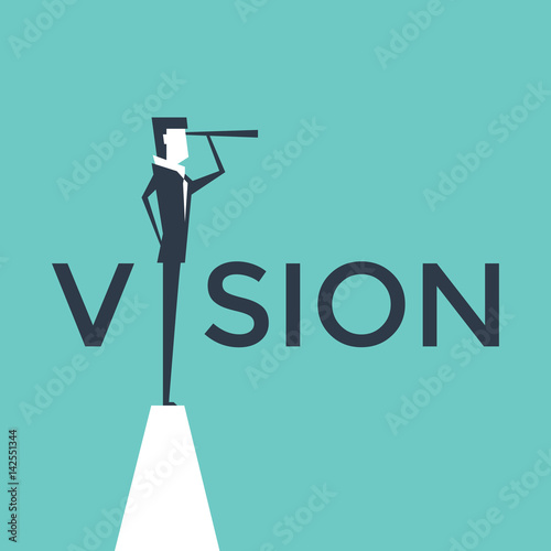 Vision concept vector illustration with business man looking through telescope from a cliff.
