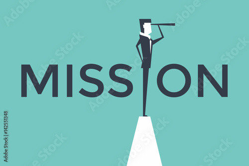 Mission concept vector illustration with business man looking through telescope from a cliff.