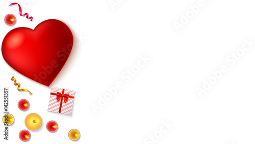 Romantic background, big red heart, burning candles, gift box with red bow and ribbon, colored serpentine, close-up on white background. Template for greeting cards, invention or greetings 